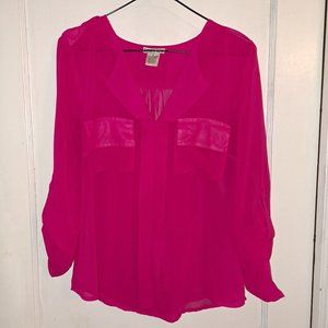 Dizzy Gal Pink Chiffon 💗 blouse roll tab sleeves szS sheer lite airy feminine